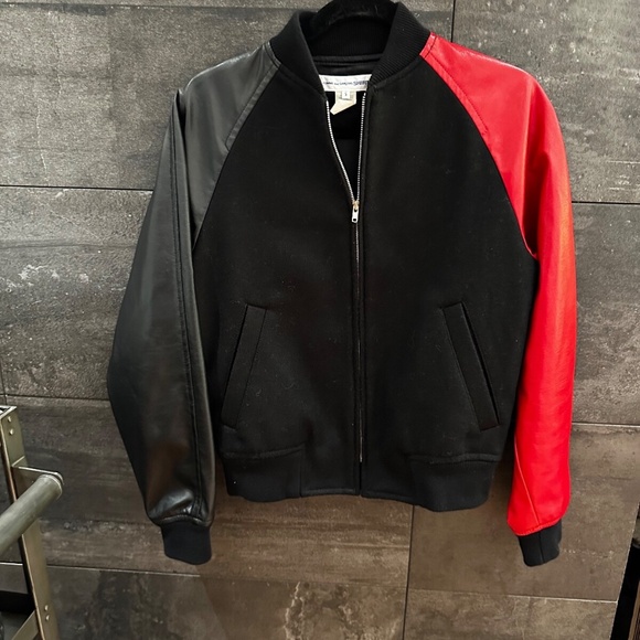 Comme Des Garcons Shirt Faux Leather Sleeves  Bomber Jacket size S - Picture 9 of 11
